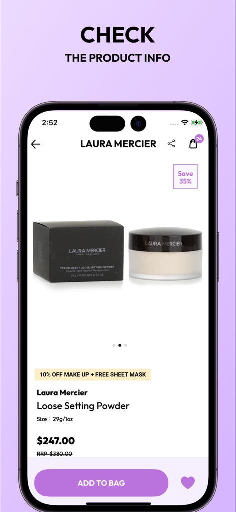 Strawberrynet- Beauty Shopping - Aplicativo Strawberrynet exibindo um pó solto Laura Mercier com 35 por cento de desconto