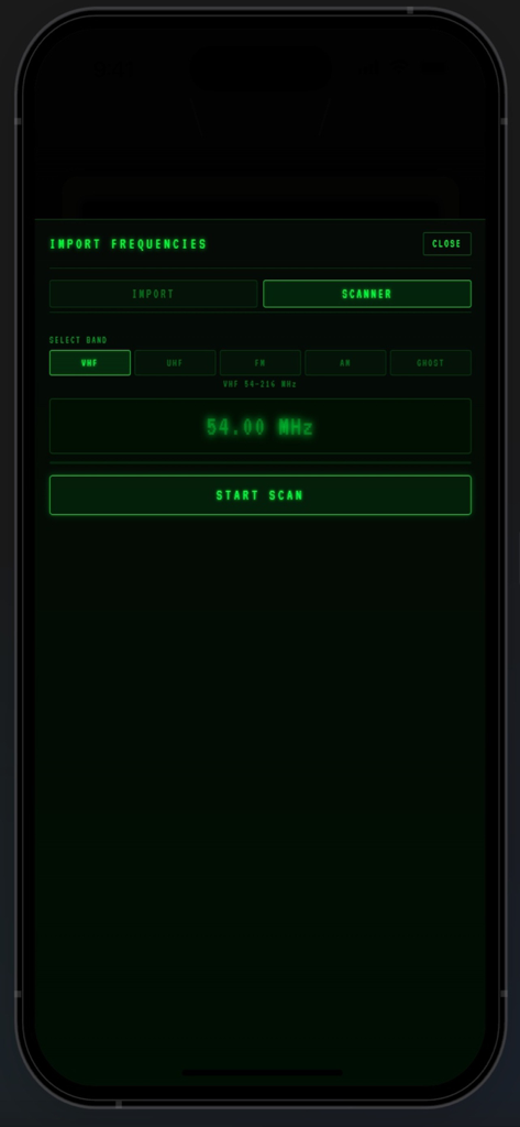 PhantomTV - PhantomTV App-Oberfläche mit dem Frequenzscanner-Werkzeug und der Auswahl des VHF-Bandes sowie einer Schaltfläche zum Starten des Scans für paranormale Ermittlungen