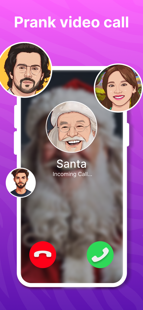 Mobile app interface showing an incoming prank video call from Santa Claus