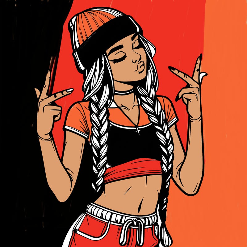 realistic teenage girl with braids and a beanie and crop top doing 🫶🏼