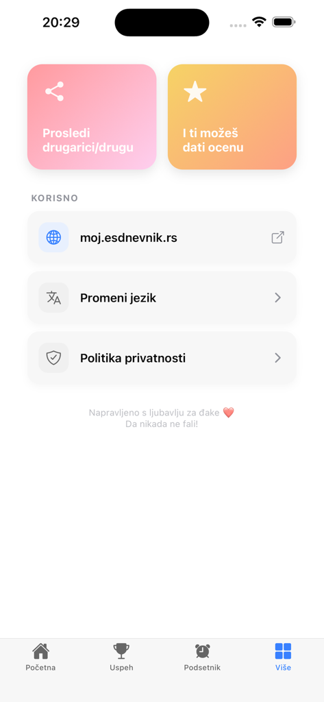 Malo Fali - uspeh - Tela de configurações e mais opções no rastreador acadêmico Malo Fali mostrando links para o e-diário e política de privacidade