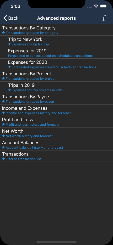 Money Tracker Infinite - Money Tracker Infinite app interface showing a menu of advanced financial reports including Profit and Loss and Net Worth.