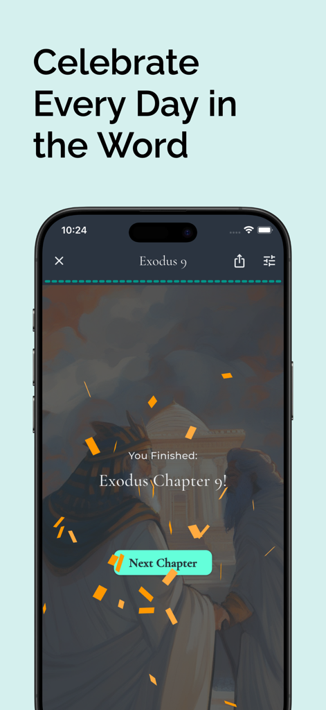 Brilliant Bible - Brilliant Bible app screen showing a celebration for completing a chapter with illustrated artwork