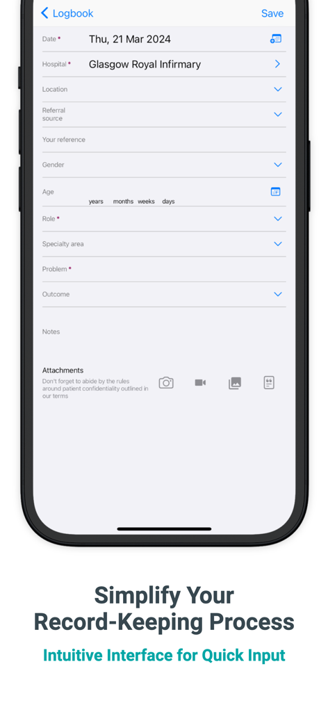 Interface of the Logitbox medical logbook app showing a form to record clinical procedures and patient information