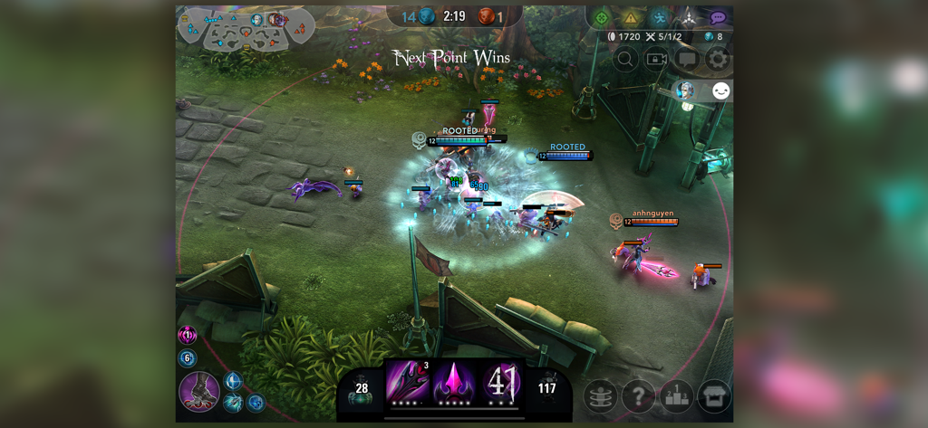 Vainglory - In-Game-Screenshot eines Teamkampfes in Vainglory, der Helden zeigt, die Fähigkeiten und hochwertige Grafiken einsetzen.