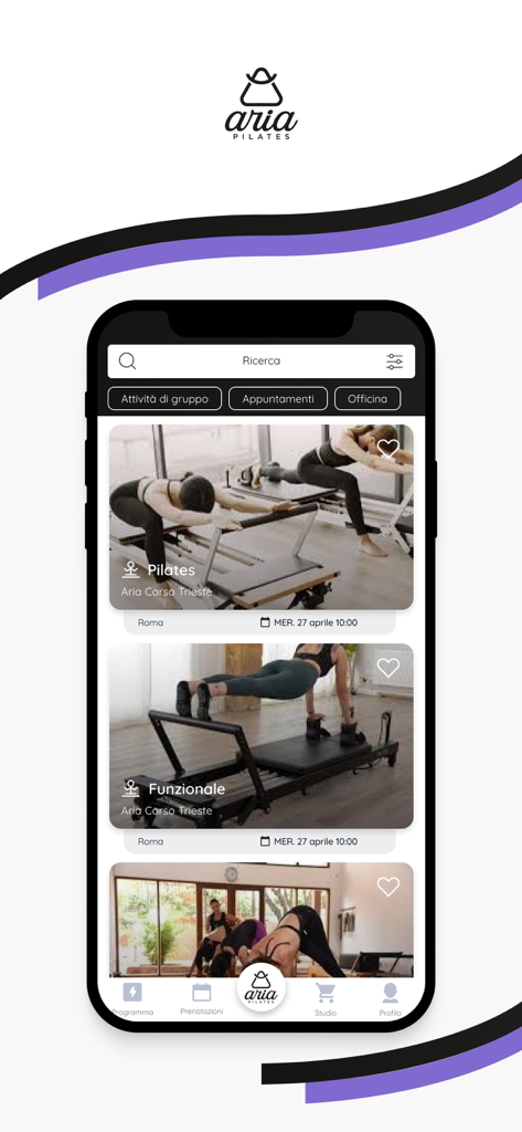 Aria Pilates mobile app screen showing a list of workout classes with images and booking details