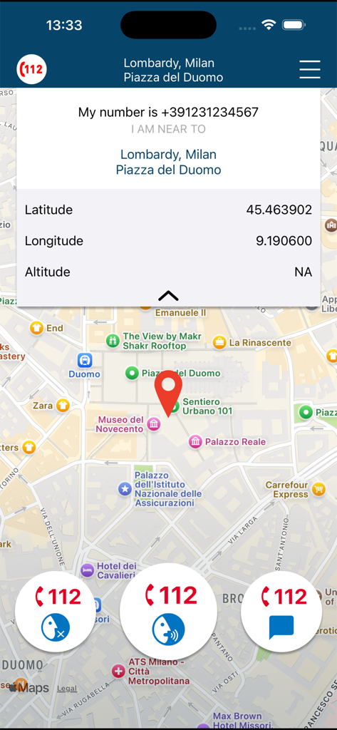 112 Where ARE U - 112 Where ARE U app screen showing GPS coordinates on a map with emergency silent call voice call and chat icons
