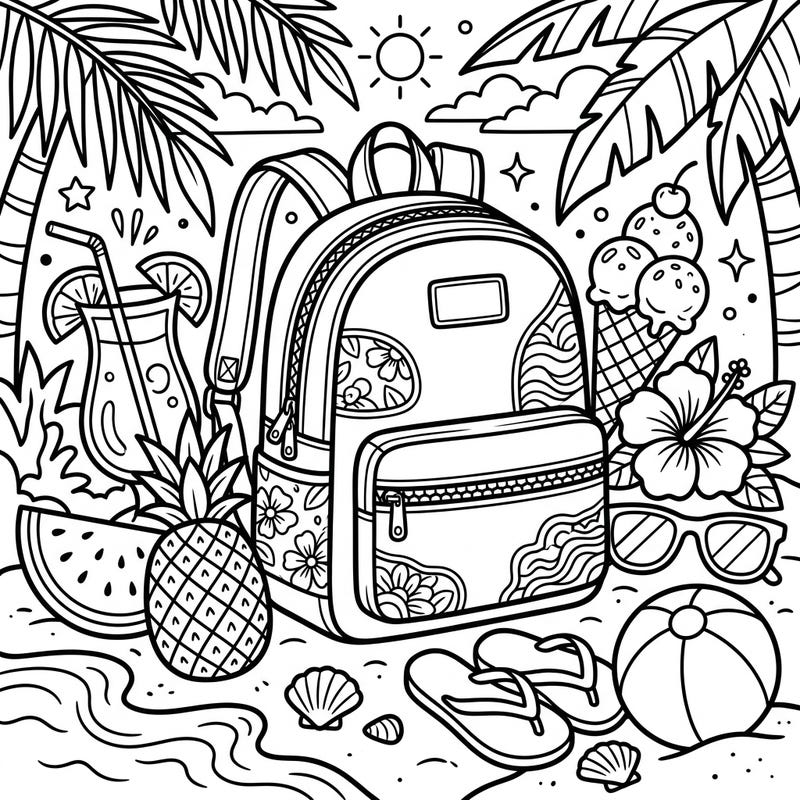 Embark on a creative summer getaway with this delightful backpack purse coloring page! Dive into a world of sunny beaches, tropical treats, and fashionable accessories, ready for your artistic touch.