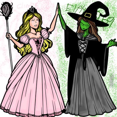 detailed realistic split of a princess and a witch
