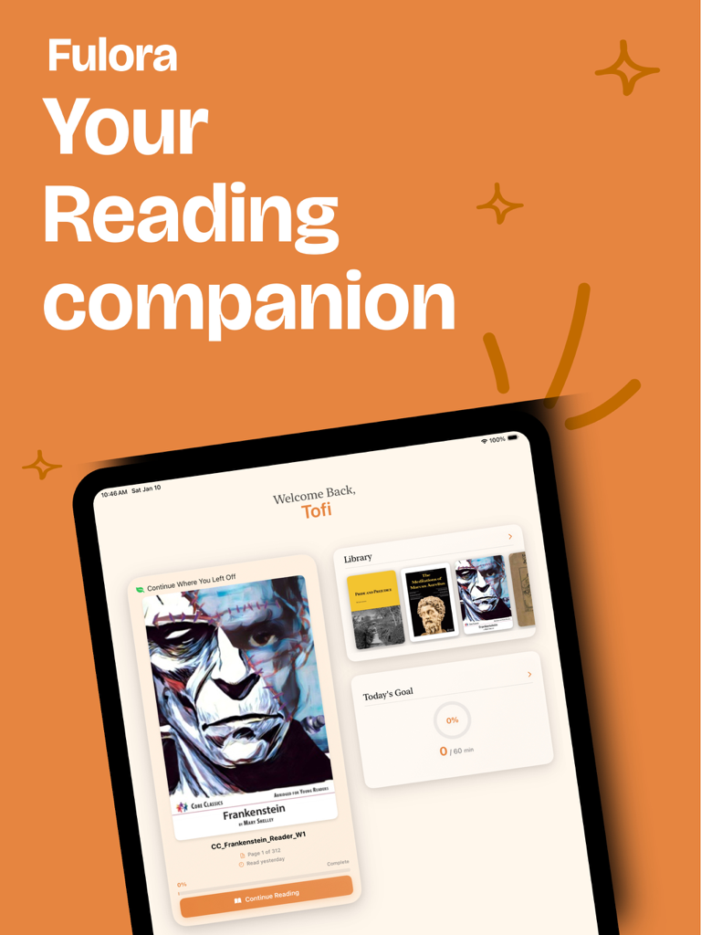 Fulora: Reader & Book Tracker - Fulora app dashboard on an iPad showing book library and daily reading goal tracker.