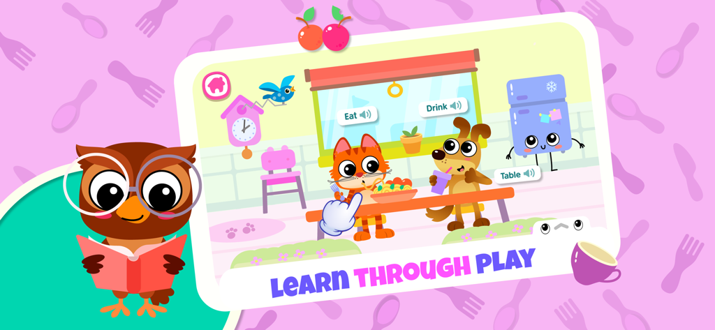 A colorful educational screen from the Mega World app showing interactive vocabulary learning for toddlers