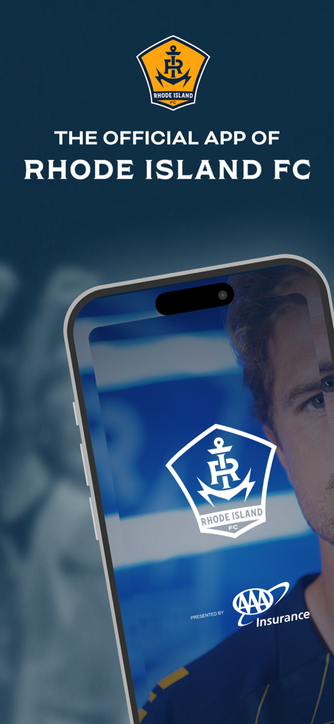 Tela de boas-vindas do aplicativo móvel oficial do Rhode Island FC mostrando o logotipo da equipe.