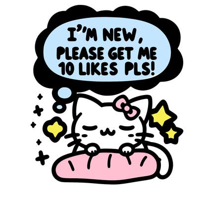 kitty taking a nap dream talking and saying "i'm new, please get me at least 10 likes pls!!"