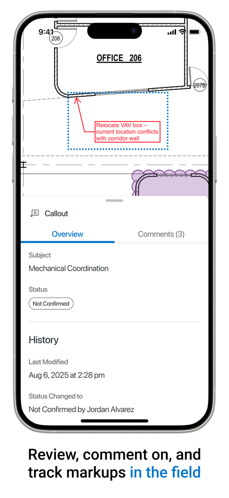 Tela do aplicativo Bluebeam Cloud mostrando uma planta de construção com um balão de marcação e histórico de rastreamento de status