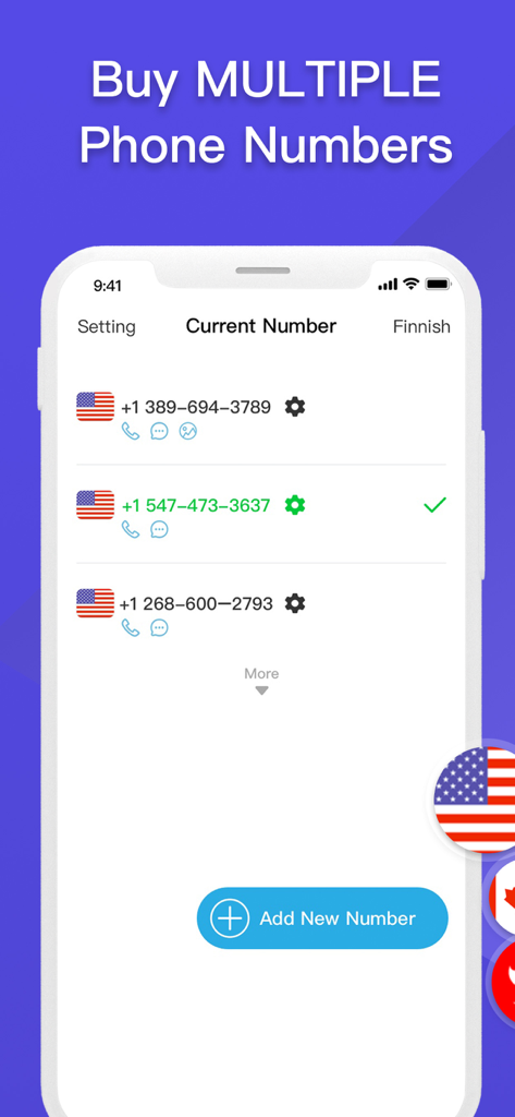 Interfaz de la aplicación mostrando una lista de múltiples números de teléfono virtuales de EE. UU. en la aplicación IM Calling