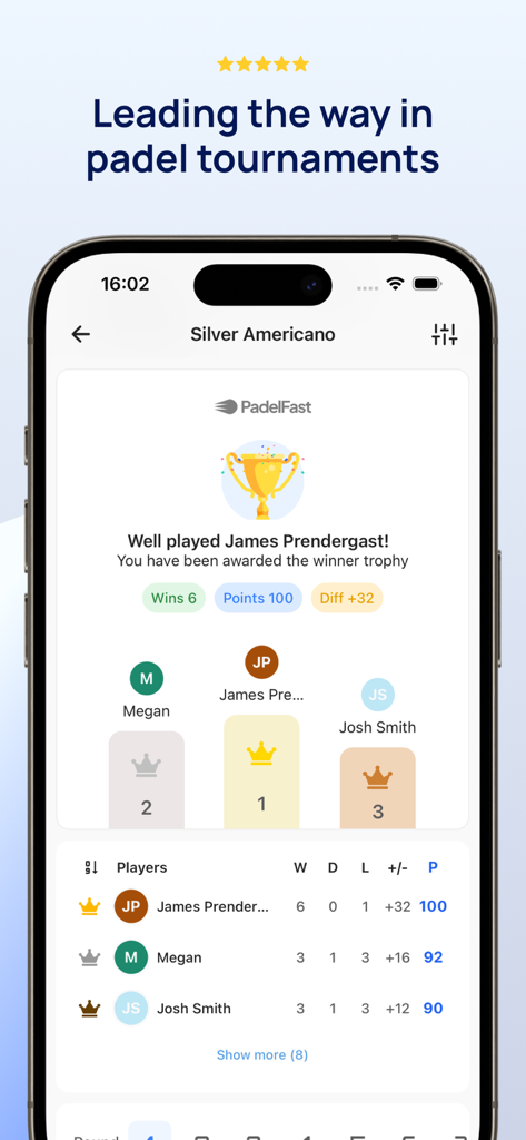 PadelFast - Americano Padel - PadelFast app displaying a tournament leaderboard with winners and player statistics