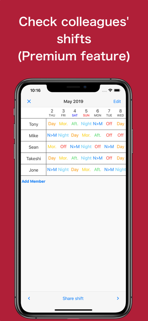 Shift Work Calendar Planner - Shift table in the Shift Work Calendar Planner app showing schedules for multiple colleagues across a weekly view