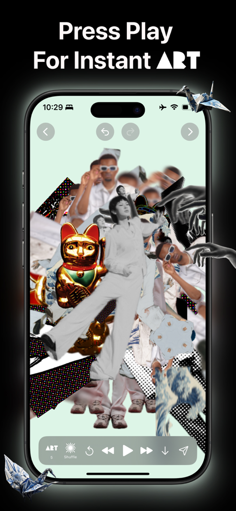 Create ART: Gen Ai Art Player - Pantalla del iPhone que muestra una obra de arte de collage digital con una interfaz estilo reproductor de música para la creación instantánea de arte IA