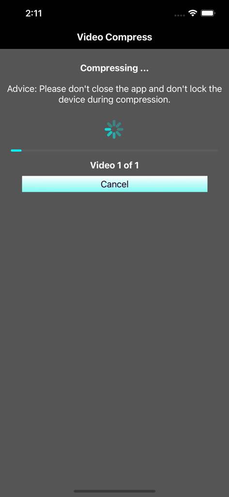 Interface of the Video Compress app showing a video being compressed with a progress bar and cancel button