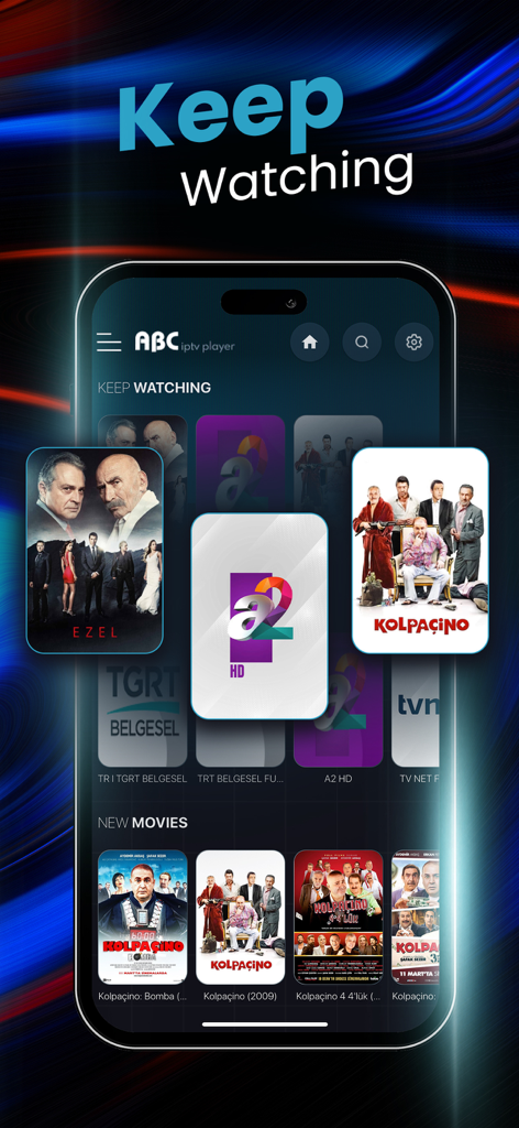 Interfaccia dell'app ABC IPTV Player su un iPhone che mostra titoli di film e canali TV.