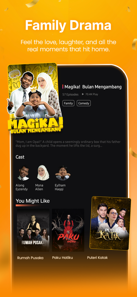 Interface of the Do Drama app showing the Family Drama category and the featured series Magika Bulan Mengambang.