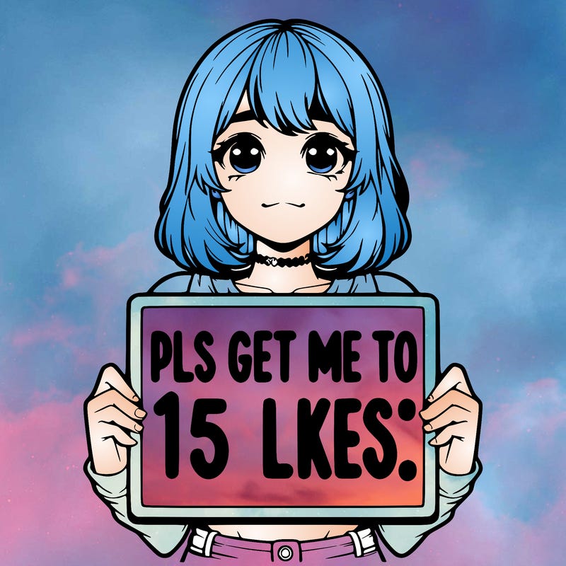 realistic girl holding up a sign that says “pls get me to 15 likes!”