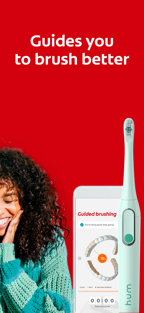 Colgate Connect - Eine Frau lächelt neben der Colgate Connect App-Oberfläche, die geführtes Putzen und eine Hum Smart Zahnbürste zeigt