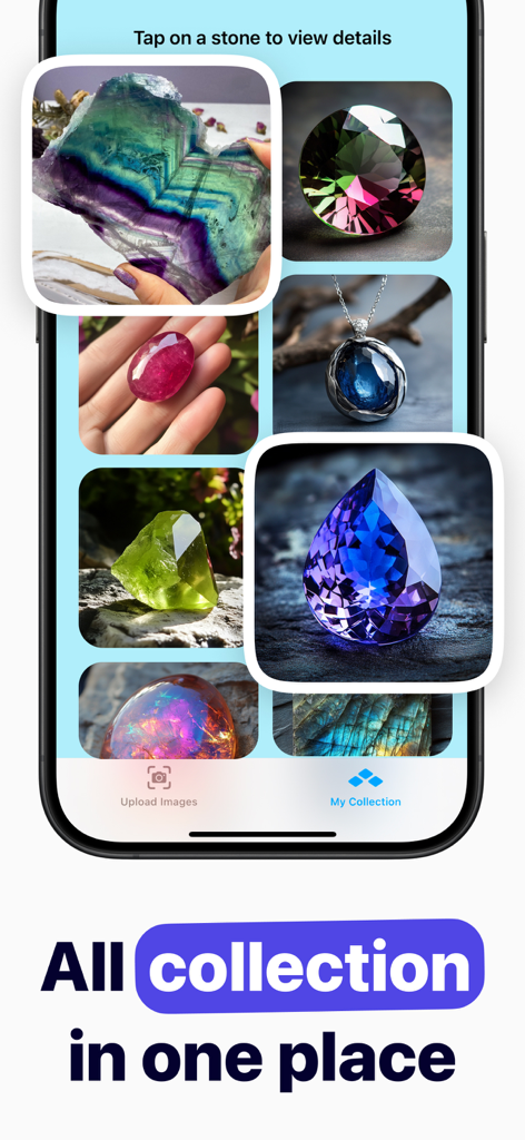 Gemstone Identifier - Gem - A digital gallery showcasing a personal gemstone and crystal collection within the app interface