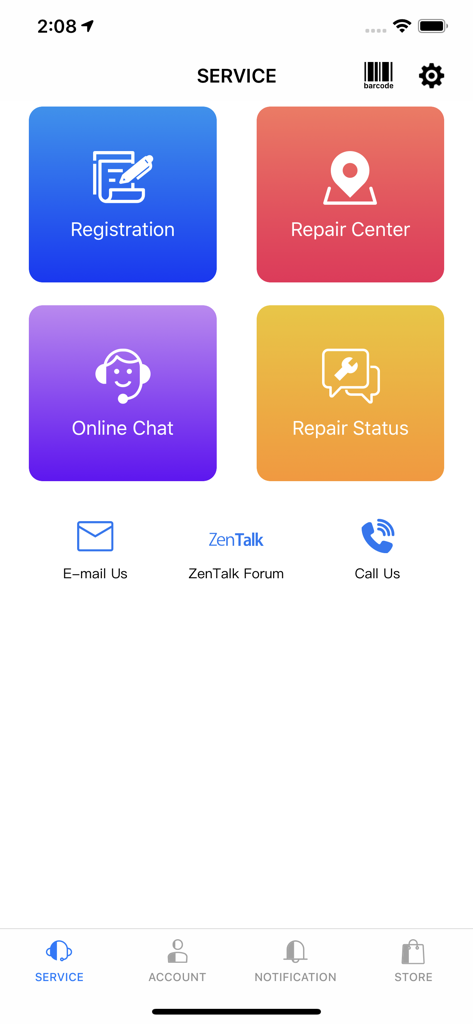 MyASUS - MyASUS app service screen featuring registration repair center online chat and repair status buttons