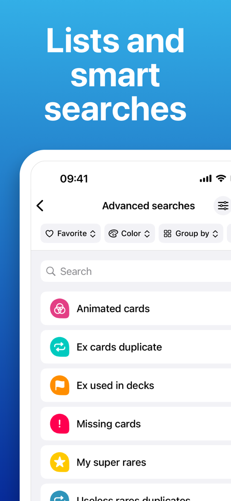 ProDex TCGP - For Pokémon TCGP - ProDex TCGP advanced search screen featuring custom smart lists for tracking missing cards and duplicates.