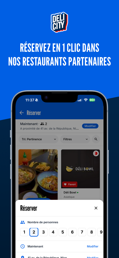 Delicity - Interface of the Delicity app showing the restaurant reservation process for partner establishments.