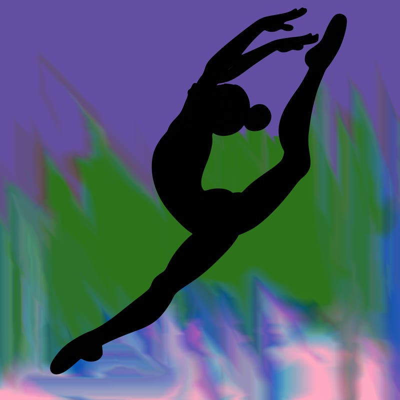 gymnast doing a leap in a leotard with a bent back leg