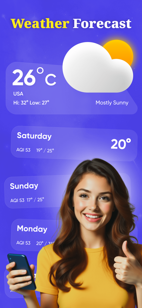 Change Location & Save GPS - Interface showing weather forecast and air quality index for a specific location with a weekly outlook