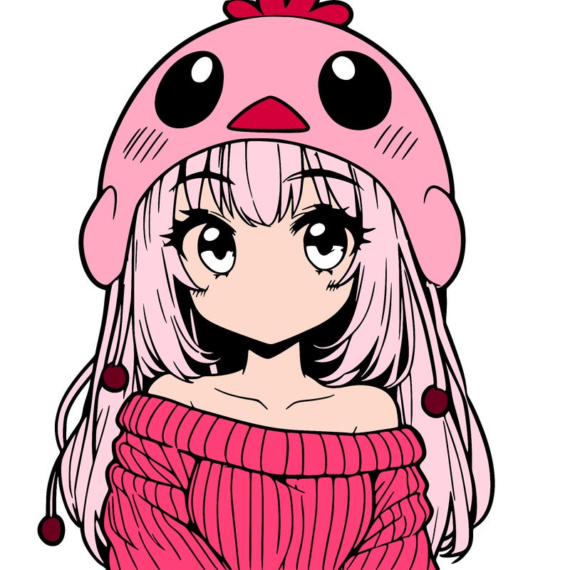 anime girl with chick shaped hat with sweater with bare shoulders with bangs covering them one eye with low tail
