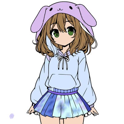 pretty anime girl wearing a fluffy hoodie with bunny ears on the hood and a skirt