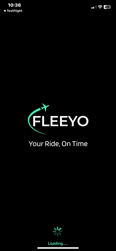 Fleeyo: Taxi, Transfers & Ride - Fleeyo 택시 앱 시작 화면. 로고와 캐치프레이즈 Your Ride On Time, 그리고 검은색 배경의 로딩 표시기가 특징입니다.