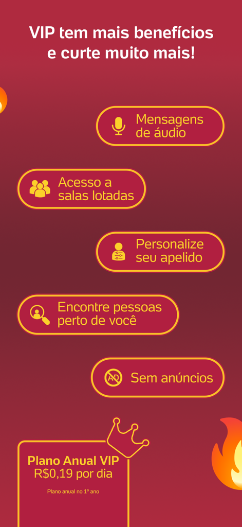 Benefícios de assinatura VIP para o aplicativo UOL Bate-Papo, incluindo mensagens de áudio e acesso a salas de chat completas.
