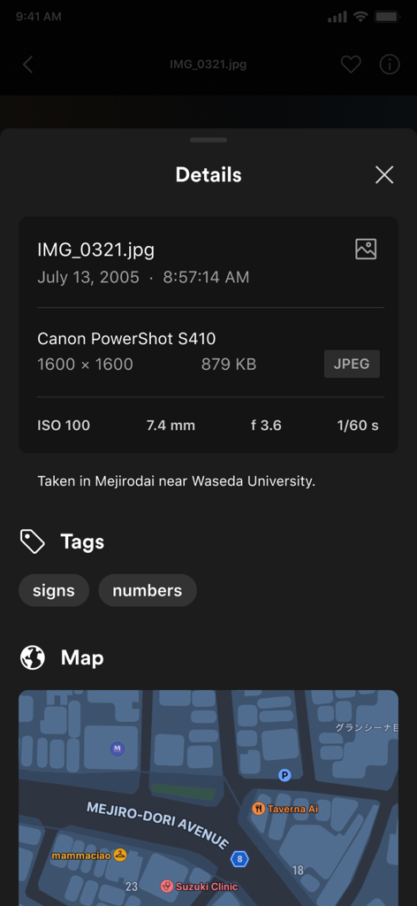 Plex Photos - Plex Photos screen displaying image metadata including EXIF data and a location map.