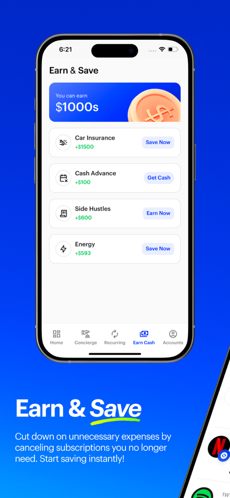 Financial dashboard of the Cancel Subscriptions app showing options to earn and save money on recurring expenses like car insurance and energy bills.