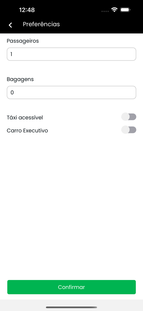 Taxi Belô app preferences screen showing passenger and luggage count with accessible taxi and executive car toggles