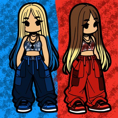 girl in baggy pants crop top and long hair