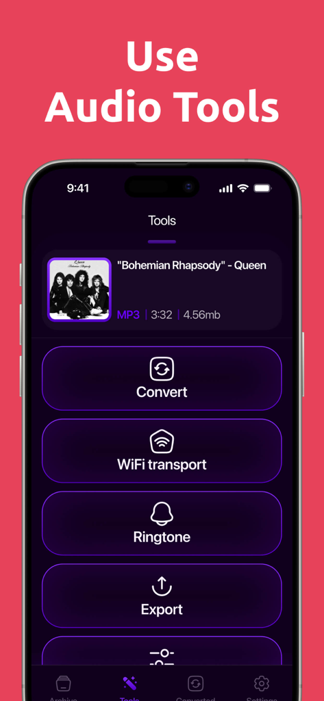 MP3 Audio Converter mobile app interface showing tools for audio conversion and ringtone creation