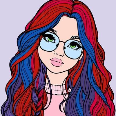 girl with long hair and freckles and glasses realistic