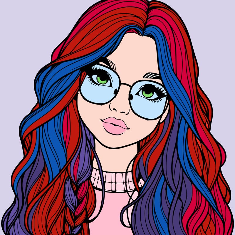 girl with long hair and freckles and glasses realistic