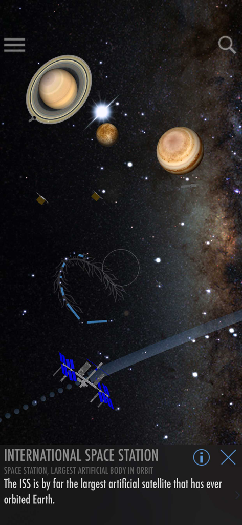 Interface of the SkyView app identifying the International Space Station and planets in the sky