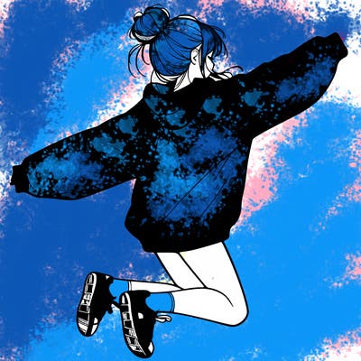 realistic girl jumping with a bun and oversized sweatshirt