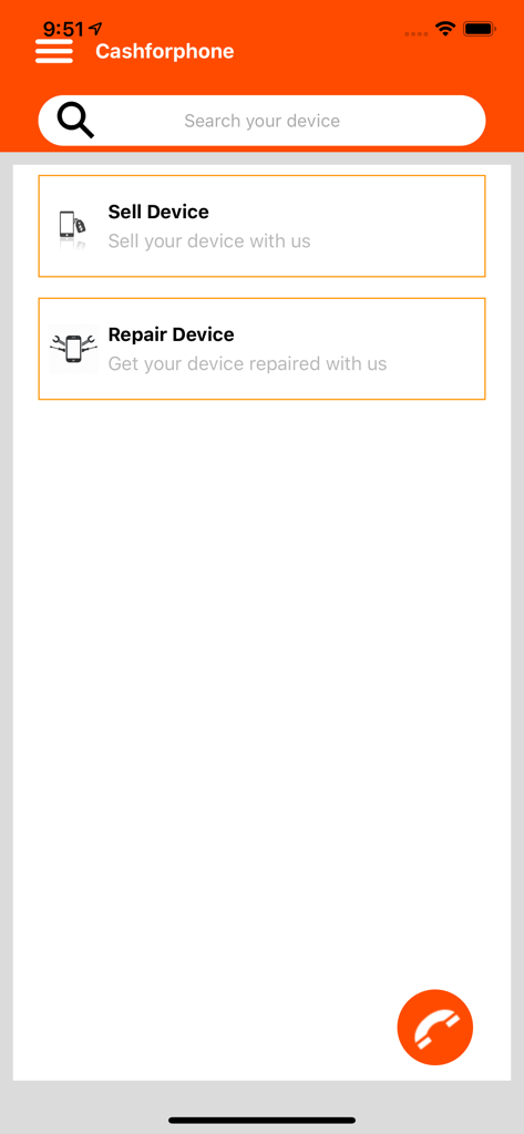 Cashforphone - Sell Used Phone - Cashforphone app interface showing options to sell device and repair device with a search bar