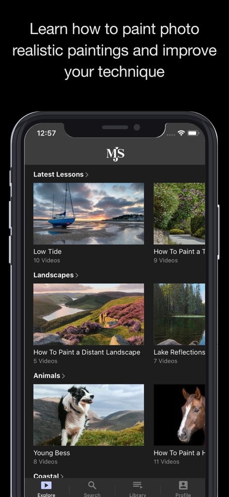 フォトリアリスティック絵画チュートリアルのカテゴリを表示するモバイルアプリインターフェース