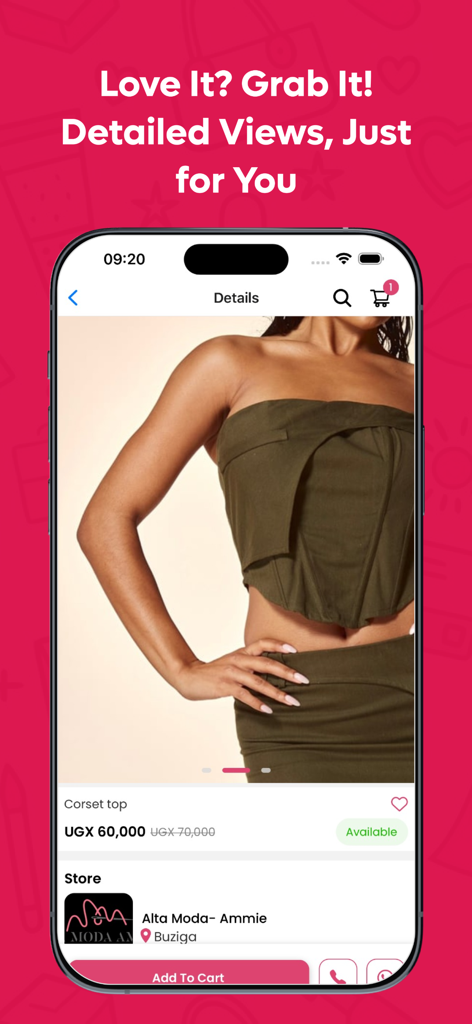 Glam n' Go - Detailed product view of a corset top on the Glam n' Go shopping app interface.