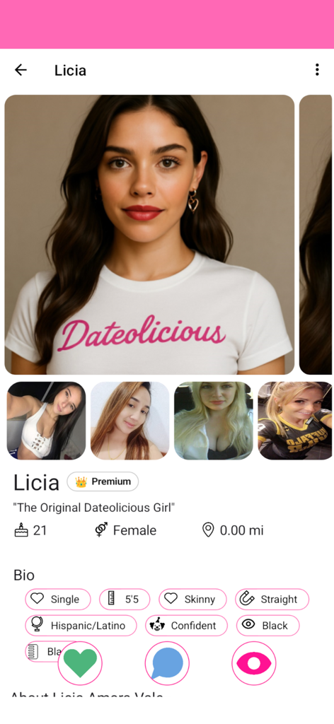 User profile screen on the Dateolicious dating app showing photos and bio details